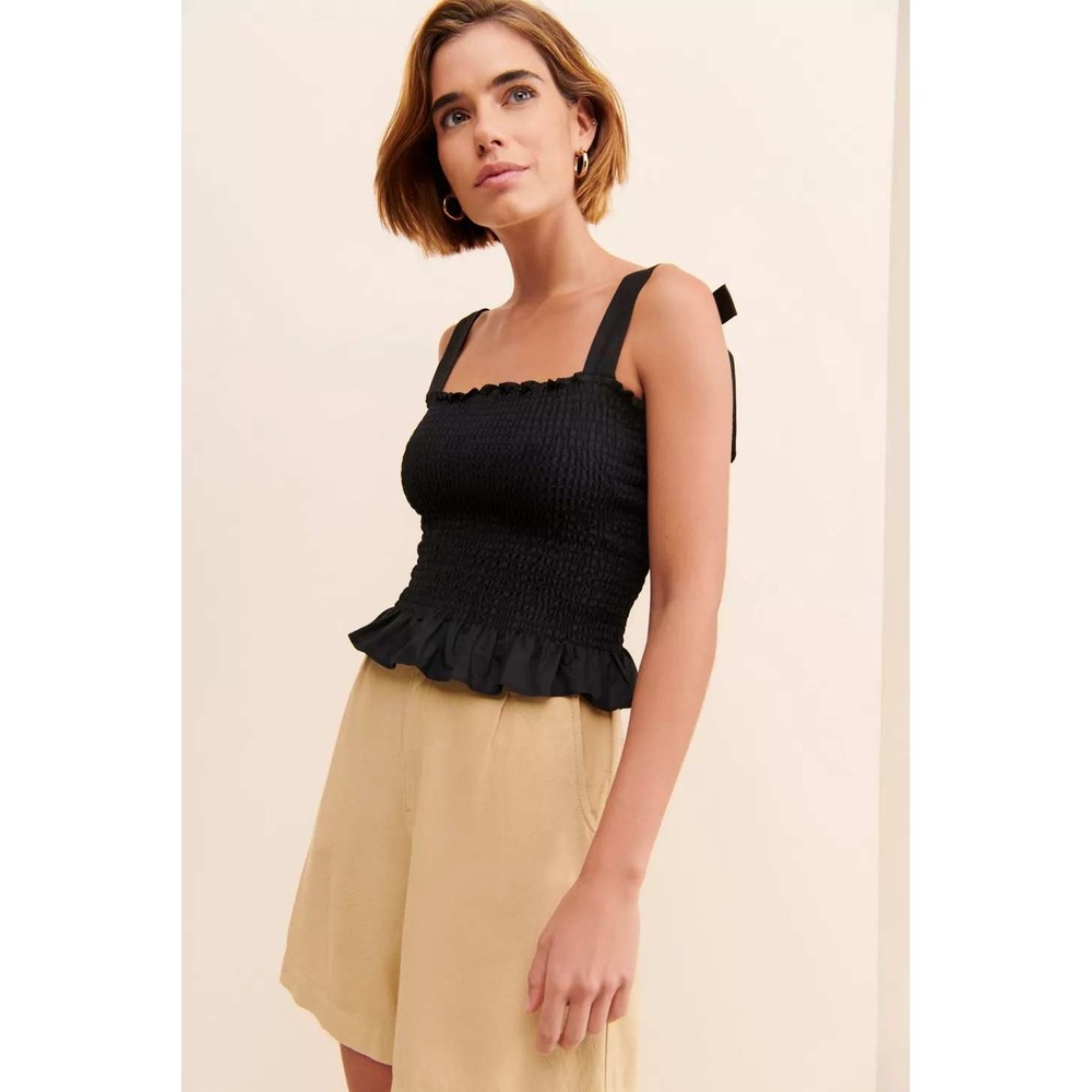 Kourt Black Smocked Linen Blend Tie Shoulder Peplum Little Black Top XS‎ - Picture 2 of 10